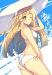  1girl ;&gt; ass bangs bare_shoulders bikini blunt_bangs blush braid breasts cropped_legs eyebrows eyebrows_visible_through_hair from_side hachirobe hand_on_headwear hat lillie lillie_(pokemon) long_hair looking_at_viewer nose_blush one_eye_closed pokemon pokemon_(game) pokemon_sm shiny shiny_skin smile solo swimsuit thighs twin_braids white_bikini white_hat 