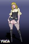  androgynous blonde_hair blue_eyes collar curly_hair dawn_(oc) earrings femboy fishnets knee_boots original_character trap yuca 