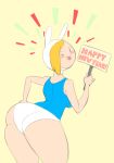  1girl adventure_time ass big_breasts black_eyes blonde_hair blush breasts bulumble-bee bunny_ears butt_slap cartoon_network clothing fionna_the_human gif huge_ass jiggle looking_at_viewer panties sign simple_background smile text thick_thighs tongue wide_hips 