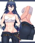  1girl abs absurd_res alluring arcedo artist_name ass athletic_female blue_eyes blue_hair breasts female_abs fire_emblem fire_emblem_awakening fit_female hairband hands_on_hips high_res long_hair lucina lucina_(fire_emblem) midriff multiple_views nintendo open_mouth pants shiny shiny_hair sideboob smile sweat tank_top toned very_long_hair voluptuous 