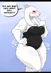 1girl anthro anthro_only blue_background blush boss_monster breasts caprine clothing english_text female female_anthro female_only fur furry furry_female furry_only goat gradient_background horn horns manart slightly_chubby solo solo_female swimsuit text thick_thighs toriel undertale undertale_(series) video_games white_fur wide_hips
