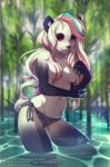  1girl 2016 anthro bamboo bear bikini clothed clothing forest furry hair looking_at_viewer mammal multicolored_hair panda rainbow_hair swimsuit tofu93 topless tree underwear water 