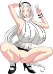 1girl ale-mangekyo bell_(ppgd) breasts erect_nipples female female_only full_body grey_eyes huge_breasts looking_at_viewer massive_breasts nipples no_panties powerpuff_girls powerpuff_girls_doujinshi pussy sideboob solo squatting sweater tongue v white_hair wink