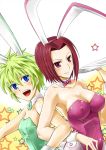  2girls :d animal_ears arm arm_hug armpits art babe banpresto bare_arms bare_shoulders big_breasts blue_eyes blush bow bowtie breasts bunny_ears bunny_girl bunny_tail bunnysuit cleavage code_geass crossover detached_collar dutch_angle erect_nipples ester_elhas fake_animal_ears green_bow green_hair green_leotard happy high_res hugging kallen_stadtfeld lens_flare leotard locked_arms looking_at_viewer love multiple_girls mutual_yuri oku_hideki pantyhose pink_bow pink_leotard purple_eyes red_hair round_teeth short_hair small_breasts smile star starry_background strapless strapless_leotard super_robot_wars super_robot_wars_z2 tail teeth tray wrist_cuffs yuri 