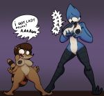  1girl 2017 anthro areola avian beak bird blue_feathers blue_jay breasts brown_fur cartoon_network corvid crossgender english_text feathers fur furry mammal mordecai_(regular_show) nipples open_mouth pussy raccoon regular_show rigby_(regular_show) teeth text thingshappen tongue 