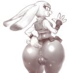  1girl anthro anus ass belt big_ass clothed clothing disney furry hoihoi huge_ass judy_hopps lagomorph looking_back mammal pussy rabbit simple_background tight_clothing uniform white_background wide_hips zootopia 