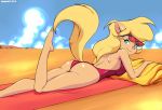  ass bed big_breasts blonde_hair breasts callie_briggs cat_ears cat_tail female female_only green_eyes humanoid large_ass looking_at_viewer on_stomach one-piece_swimsuit pepipopo round_ass smile solo sunbathing swat_kats swimsuit tail 
