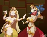  2_girls alternate_costume cosplay double_(skullgirls) eric_toner gem impossible_clothes jewelry revealing_clothes shantae skullgirls valentine_(skullgirls) 