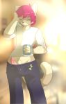  1girl anthro bulge cat circumcised closed_eyes clothing coffee_mug erection feline front_view furry humanoid_penis low-riding male mammal munks_(artist) munks_(character) pajamas penis poking_out precum pubic_hair rubbing_head standing tight_clothing 