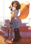 1girl anthro ass beverage butt_pose canine clothed clothing coffee furry looking_at_viewer mammal roza_(woadedfox) smile standing woadedfox