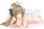 1girl amagi_brilliant_park bow breasts brown_eyes brown_hair cleavage collarbone commentary_request hair_bow kure_masahiro large_breasts long_hair navel panties ponytail sento_isuzu solo topless twitter underwear white_panties 