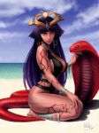 1girl arm_tattoo bangs barefoot beach blunt_bangs body_markings breasts cloud cloudy_sky crown dark-skinned_female dark_skin egyptian gold highres jewelry leg_tattoo long_fingernails long_hair looking_at_viewer mirco_cabbia monster_girl monster_girl_encyclopedia mummy nail_polish ocean outside pharaoh pharaoh_(monster_girl_encyclopedia) purple_hair purple_nails red_eyes sand scales sciamano240 sharp_fingernails shoulder_tattoo signature sitting sky smile snake solo summer swimsuit tagme tattoo very_long_hair
