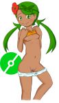  1girl areolae bare_shoulders belly blush bow bow_panties breasts closed_mouth dark-skinned_female dark_skin eyelashes female female_only flower green_eyes hair_flower hair_ornament hairband human long_hair long_twintails looking_at_viewer mallow mallow_(pokemon) mao_(pokemon) navel nintendo nipples orange_eyes orange_hair panties panty_pull petite pokeball pokemon pokemon_sm pussy shirt shirt_lift small_breasts smile solo standing tank_top twintails uncensored underwear white_background yaememon_(8emon78) 