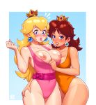  2_girls 2girls assisted_exposure blue_eyes blush breasts crown earrings embarrassed exposed_breasts female female_human female_only flower_earrings hand_on_thigh human long_hair looking_at_viewer mostly_nude one-piece_swimsuit princess_daisy princess_peach rizdraws standing super_mario_bros. swimsuit swimsuit_pull thigh_grab 