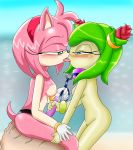 2girls 5_fingers amy_rose anthro beach beige_skin black_nose blue_eyes blush bracelet breasts collar color cosmo_the_seedrian day dildo eye_contact eyelashes female female_only flower fur furry gloves green_eyes green_hair hair hedgehog interspecies kissing leash looking_at_another multiple_females nipples outside oyashirothr43 pink_fur pink_hair raised_tail sand seedrian sega sex_toy short_hair side_view sitting sky sonic_(series) standing strap-on tail water yuri 