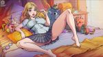  1girl bare_legs bed blonde blonde_hair blue_eyes clothed dildo earrings female female_human female_only harry_potter human indoors innocent_witches licking_lips looking_at_viewer luna_lovegood on_bed panties pillow sex_toy shirt skirt solo spread_legs stuffed_toy 