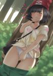  1girl against_tree bag bangs bare_arms beanie between_breasts black_hair blush bob_cut breasts bush closed_eyes collarbone covering_mouth floral_print forest green_shorts handbag hat heart highres leaf masturbation masturbation_through_clothing moon_(pokemon) moon_(trainer) motion_blur nature outdoors panties parted_bangs poke_ball_theme pokemon pokemon_(game) pokemon_sm polka_dot polka_dot_panties print_shirt pussy_juice red_hat ren_san shirt short_hair shorts shorts_pull small_breasts solo spoken_heart standing strap strap_cleavage sweat tied_shirt tree underwear white_panties yellow_shirt 