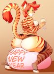  1girl 1girl 2017 anthro ass beverage big_ass big_breasts bra breasts cat clothing english_text feline furry green_eyes hair holding_glass holding_object holidays jaeh legwear looking_at_viewer loree mammal new_year orange_hair sitting stockings stripes text underwear 