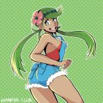 1girl :d artist_name ass breasts creatures_(company) dark-skinned_female dark_skin denim flower from_behind game_freak green_eyes green_hair hair_flower hair_ornament humans_of_pokemon long_hair looking_at_viewer looking_back mallow_(pokemon) mao_(pokemon) medium_breasts nintendo open_mouth pocket pokemon pokemon_(anime) pokemon_(game) pokemon_sm pokemon_sun_&amp;_moon ponytail samanator_club sideboob smile solo trial_captain twintails