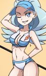  &gt;;) 1girl ;) abs adapted_costume ahoge arm_behind_back arm_behind_head ass bare_arms beauty_mark big_breasts bikini blue_eyes blue_hair blue_hat breasts cleavage clothed collarbone cowboy_shot deviantart elite_four feathers golf_club grey_hair grin groin hat huge_breasts kahili_(pokemon) legs long_hair looking_at_viewer medium_breasts mole mole_under_eye navel one_eye_closed pin pokemon pokemon_(game) pokemon_sm popped_collar pussy scott_bennett signature simple_background smile smiling solo standing stomach striped striped_bikini swimsuit unzipped visor visor_cap wink winking yellow_background zipper 