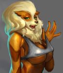  1girl 2017 anthro anthrofied arcanine armpits big_breasts blonde_hair blue_eyes breasts brown_fur canine clothed clothing fur furry grey_background hair hawkilla long_hair looking_at_viewer mammal nintendo nipple_bulge open_mouth orange_fur pokemon pokemorph simple_background stripes teeth tongue video_games 