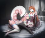  2017 accelo accelo_(character) anthro bell clothed clothing collar colored_nails corset crossdressing duo elbow_gloves feline fur furry gloves hair heterochromia hideaki_(character) legwear leopard lingerie long_tail mammal orange_hair panties pink_fur red_eyes snow_leopard stockings thong underwear 