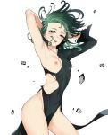  1girl 1girl 1girl armpits arms_up black_dress breast_slip breasts clavicle covered_navel dress green_eyes green_hair groin high_resolution hips nipples no_bra nopan one-punch_man one_breast_out_of_clothes pelvic_curtain slender_waist tatsumaki_(one-punch_man) taut_clothes thighs torn_clothes xtermination 
