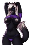  1girl 2017 anthro armpits breasts canine clothed clothing clothing_lift eyewear facial_piercing furry glasses heterochromia lip_piercing mammal navel nipple_piercing nipples nose_piercing piercing pink_nose porin shirt shirt_lift smile thong 