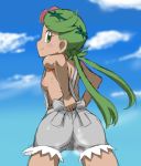  ass blush cloud flower green_eyes green_hair hair_flower looking_at_viewer looking_back mallow mallow_(pokemon) mao_(pokemon) naked_overalls no_bra no_shirt pokemon pokemon_sm sideboob sky smile twintails 