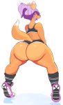  1girl 1girl 2017 anthro ass big_ass big_breasts bra breasts canine clothed clothing digital_media_(artwork) footwear fox furry hair high_res huge_ass imago_ic legwear looking_back mammal midriff purple_hair shoes shorts skimpy smile socks sports_bra thick_thighs tongue tongue_out underwear wide_hips 