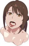  1girl absurdres barefoot blush breasts brown_eyes brown_hair censored cum cum_in_mouth drooling facial fellatio full_body heart heart-shaped_pupils heart_eyes highres idolmaster idolmaster_cinderella_girls licking long_hair looking_at_viewer masturbation mosaic_censoring nipples noitama nude one_side_up open_mouth oral penis saliva shimamura_uzuki simple_background solo_focus spread_legs symbol-shaped_pupils white_background 