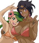  2girls :d age_difference arm arm_up armpits arms_up art bangs bare_arms bare_shoulders bikini bikini_top black_hair blue_nails blush bra breasts cleavage closed_mouth collarbone dark_skin diamond diamond_(shape) earrings elite_four female fingernails flower flower_on_head green_eyes green_hair hair_flower hair_ornament hand_gesture hand_on_another&#039;s_back happy head_on_chest head_tilt hug island_kahuna jewelry large_breasts lavender_lipstick lips lipstick long_hair looking_at_viewer low_twintails lychee_(pokemon) makeup mallow mallow_(pokemon) mao_(pokemon) medium_breasts multiple_girls mutual_yuri nail_polish nakaba neck nintendo olivia olivia_(pokemon) open_mouth orange_bikini orange_bra orange_swimsuit pink_bikini pink_bra pink_lipstick pink_swimsuit pokemon pokemon_(game) pokemon_sm purple_eyes red_bikini red_swimsuit short_hair simple_background smile swept_bangs swimsuit trial_captain underboob underwear upper_body white_background yuri 