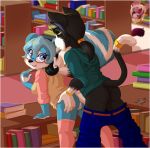  1girl 2017 5_fingers anthro anus ass being_watched bent_over big_eyes biped black_fur black_hair black_nose black_tail blue_bottomwear blue_clothing blue_eyes blue_fur blue_hair blue_tail blush book bookshelf border bracelet butt_grab caramel-kitteh cat clothed clothing depth_of_field detailed_background digital_media_(artwork) duo_focus eyewear feline fur furry glasses green_clothing green_topwear group hair hairband hand_on_butt highlights hot_dogging humanoid_hands humanoid_penis imminent_sex inside jewelry lance_(caramel-kitteh) legwear library luscious_(caramel-kitteh) male male/female mammal multicolored_hair multicolored_tail pants pants_down partially_clothed penis pink_anus pink_clothing pink_fur pink_pussy pink_tail pink_topwear ponytail purple_fur purple_hair purple_highlights purple_tail pussy shirt skunk stockings stockings sweater tail_ring tan_clothing tan_topwear two_tone_hair two_tone_tail vest white_border white_fur white_hair white_penis white_tail yellow_eyes 