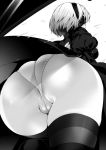  1girl anus anus_peek ass backless_outfit black_dress black_legwear blindfold breasts cameltoe cowboy_shot dress folded_leg from_behind from_below greyscale hairband huge_ass long_sleeves medium_breasts monochrome namidame nier:_automata nier_(series) panties pantyshot pantyshot_(standing) partially_visible_anus short_hair silver_hair simple_background standing stockings thick_thighs thighs underwear upskirt weapon wedgie white_background white_hair white_panties wind wind_lift yorha_no._2_type_b 