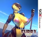 1girl amber_eyes anthro big_breasts breasts edit english_text furry headphones huge_breasts minanfranco nipples non-mammal_breasts nude original original_character parody pose rashii reptile scalie skygracer smile standing text