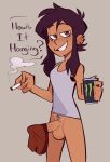  1futa 1girl balls bottomless brown_eyes brown_hair can casual cigarette clothed clothing dark-skinned_futanari dark_skin dialogue disney duncanscocc earrings energy_drink erection futa_only futanari hat_on_penis human latina lucia_noceda luz_noceda luz_noceda_(beta) monster_can partially_clothed penis plain_background pubic_hair smoke speech_bubble standing text the_owl_house tobacco vest 
