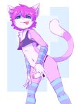  1girl 5_fingers anthro armwear cat clothed clothing crop_top crossdressing erection feline fur furry girly green_eyes hair humanoid_penis legwear low-angle_view male mammal nobusuke partially_retracted_foreskin penis pink_fur pink_hair shirt simple_background standing stockings teen thong tongue tongue_out uncut young 