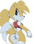  1girl 2_tails anthro ass bangs black_nose blue_eyes canid canine clothing dipstick_tail eyelashes fluffy_tail fox fur genderswap gloves hair handwear legwear leotard looking_back mammal miles_&quot;tails&quot;_prower millie_tailsko multicolored_tail multiple_tails ponytail rear_view shirt sonic_the_hedgehog_(series) stockings tail tank_top tied_hair topwear xylas yellow_body yellow_fur 