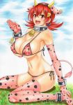  1girl :d akane_(pokemon) alluring alternate_costume animal_ears animal_print armpits artist_name bare_shoulders bell bell_collar big_breasts bikini blush breasts cleavage collar collarbone commentary_request cosplay covered_nipples cow_ears cow_horns cow_print cow_tail cuffs day elbow_gloves fake_animal_ears from_side gloves groin gym_leader hair_between_eyes hair_ornament hairband highres horns huge_breasts large_breasts looking_at_viewer looking_to_the_side low_twintails marker_(medium) miltank miltank_(cosplay) navel open_mouth outdoors pink_bikini pokemon pokemon_(game) pokemon_gsc pokemon_hgss print_bikini print_legwear red_eyes red_hair shackles side-tie_bikini sitting smile solo stomach swimsuit tail takecha teeth thighhighs traditional_media twintails wariza whitney 
