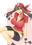  1girl areolae artist_name belt bike_shorts blue_eyes breasts brown_hair cleavage gloves haruka_(pokemon) highres holding_poke_ball large_breasts long_hair looking_at_viewer may multicolored multicolored_clothes multicolored_gloves poke_ball pokemon pokemon_(game) pokemon_rse smile solo stormcow thighs 