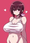  &lt;3 1girl bare_arms bare_shoulders blush bottomless breasts brown_hair cleavage closed_mouth collarbone commentary_request covered_nipples groin hair_ribbon heart hoshizora_ikuyo konno_tohiro large_breasts long_hair looking_at_viewer low_ponytail mature navel out-of-frame_censoring pink_background pink_ribbon precure purple_eyes ribbon sidelocks smile smile_precure smile_precure! solo sports_bra stomach twitter 