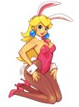  1girl 1girl animal_ears blonde_hair blue_eyes breasts bunny_ears bunny_tail bunnysuit cleavage detached_collar high_res kneel looking_at_viewer mario_(series) nail_polish neck_tie pantyhose princess_peach robert_porter smile super_mario_bros. tail wrist_cuffs 
