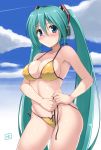  1girl adjusting_clothes adjusting_swimsuit armpits big_breasts bikini blue_eyes blush breasts cleavage cloud covered_nipples day daytime green_hair hatsune_miku headphones hormone_koijirou large_breasts long_hair micro_bikini miku_hatsune nose_blush shiny shiny_skin side-tie_bikini skindentation sky solo strap_gap swimsuit twin_tails tying untied very_long_hair vocaloid 