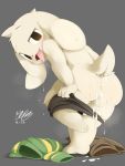 1boy anthro anus asriel_dreemurr ass blush caprine clothing cub cum cum_from_ass cum_on_butt discarded_clothing dripping drooling furry goat looking_at_viewer looking_back male male_only mammal messy naughty_face nekokagebevil on_one_leg open_mouth saliva shorts signature simple_background slightly_chubby standing sweat tongue tongue_out undertale undertale_(series) undressing video_games