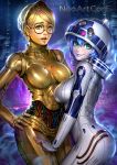  2_girls android aqua_eyes ass big_breasts blonde_hair blue_hair blue_lipstick breasts brown_eyes c-3po earrings glasses hand_on_hip helmet hips humanized jewelry lips lipstick looking_at_viewer looking_back makeup multiple_girls nudtawut_thongmai pale_skin r2-d2 round_glasses short_hair smile star_wars yellow_eyes 