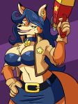 1girl 2017 anthro badge beauty_mark belt big_breasts blue_hair breasts brown_eyes canine carmelita_fox chest_tuft cleavage clothed clothing collar curves ear_piercing eyebrows eyelashes fangs fox furry gloves gun hair hand_on_hip handgun jacket looking_at_viewer mammal midriff navel open_mouth piercing pistol police prinnydood_(artist) ranged_weapon skimpy skirt sly_cooper_(series) teeth tuft video_games weapon