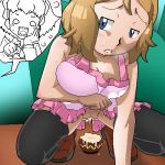  2_girls aliasing big_breasts black_legwear bloggerman blush breasts cum cum_in_pussy d: flying_sweatdrops miette millefeui_(pokemon) multiple_girls naked_apron no_panties open_mouth pointing pokemon pokemon_(anime) pokemon_xy serena serena_(pokemon) shiny shiny_hair shocked squatting stockings surprised sweat uncensored 