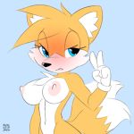  1:1_aspect_ratio 1girl 1girl 2_tails anthro blue_eyes breasts canid canine colorization exposed fox fur genderswap gloves handwear lighting looking_at_side mammal miles_&quot;tails&quot;_prower millie_tailsko multicolored_fur multiple_tails nipples nude orange_fur simple_background sonic_the_hedgehog_(series) tail two-tone_fur white_fur xylas 
