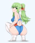  1girl anaconda ass big_breasts breasts chiki chiki_(fire_emblem) competition_swimsuit dat_ass fire_emblem fire_emblem:_kakusei fire_emblem_awakening from_behind green_eyes green_hair hips huge_ass huge_breasts kaz_(shade) long_hair looking_at_viewer looking_back matching_hair/eyes one-piece_swimsuit pointy_ears ponytail smile squat squatting stockings swimsuit thighs tiki 