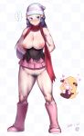2017 2girls =3 bare_shoulders blonde_hair blue_eyes blue_hair blush boots breasts chibi creatures_(company) cynthia_(pokemon) dated dawn_(pokemon) game_freak hair_over_one_eye hat heart heart_eyes hikari_(pokemon) huge_breasts humans_of_pokemon inverted_nipples large_breasts long_hair looking_at_viewer multiple_girls nintendo nipples pokemon pokemon_(anime) pokemon_(game) pokemon_black_2_&amp;_white_2 pokemon_black_and_white pokemon_bw pokemon_bw2 pokemon_diamond_pearl_&amp;_platinum pokemon_dppt pubic_hair revision scarf shiroinuchikusyo shirona_(pokemon) signature simple_background smile thighs translated undersized_clothes white_background